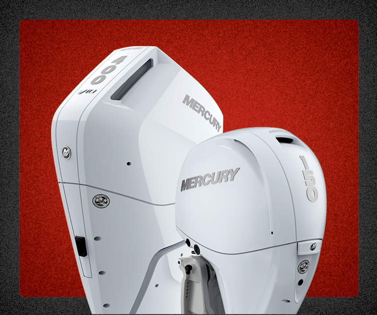 Two white Mercury outboard engines