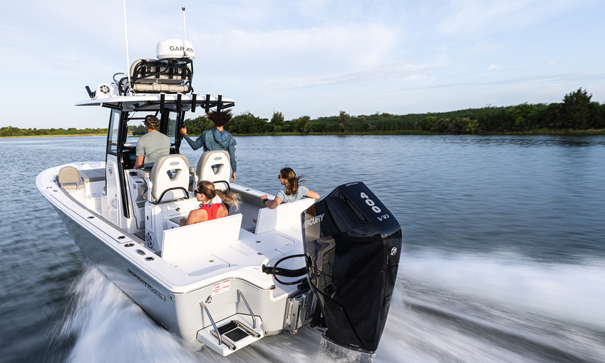 A Sportsman boat powered by a Mercury 400 V10 engine speeds across the water.