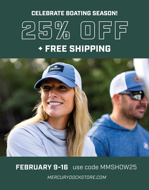A man and a woman smile, wearing Mercury apparel. Text announces 25% off and free shipping during boating season, February 9-16, using code MMSHOW25 at mercurydockstore.com.