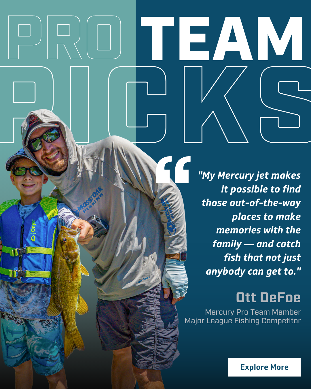 Ott Defoe, Mercury Pro Team Member, with a child showing off a fish they caught.