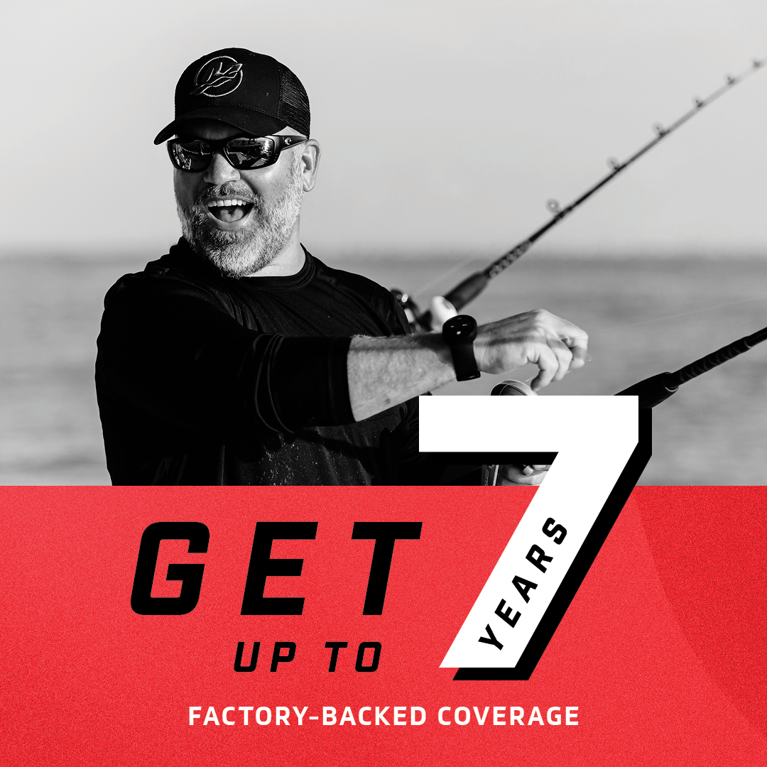 A man fishing with the offer of up to 7 years of factory-backed coverage.