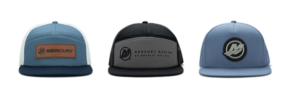 Three Mercury Marine hats in different styles.