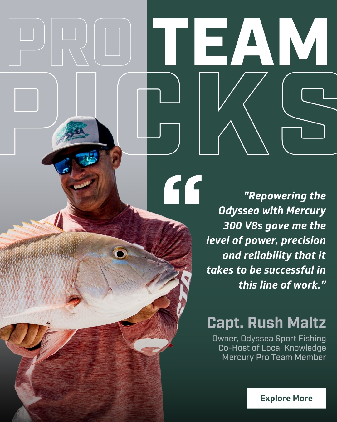 Captain Rush Maltz holds a large red snapper, showcasing a successful fishing trip using Mercury 300 V8s.