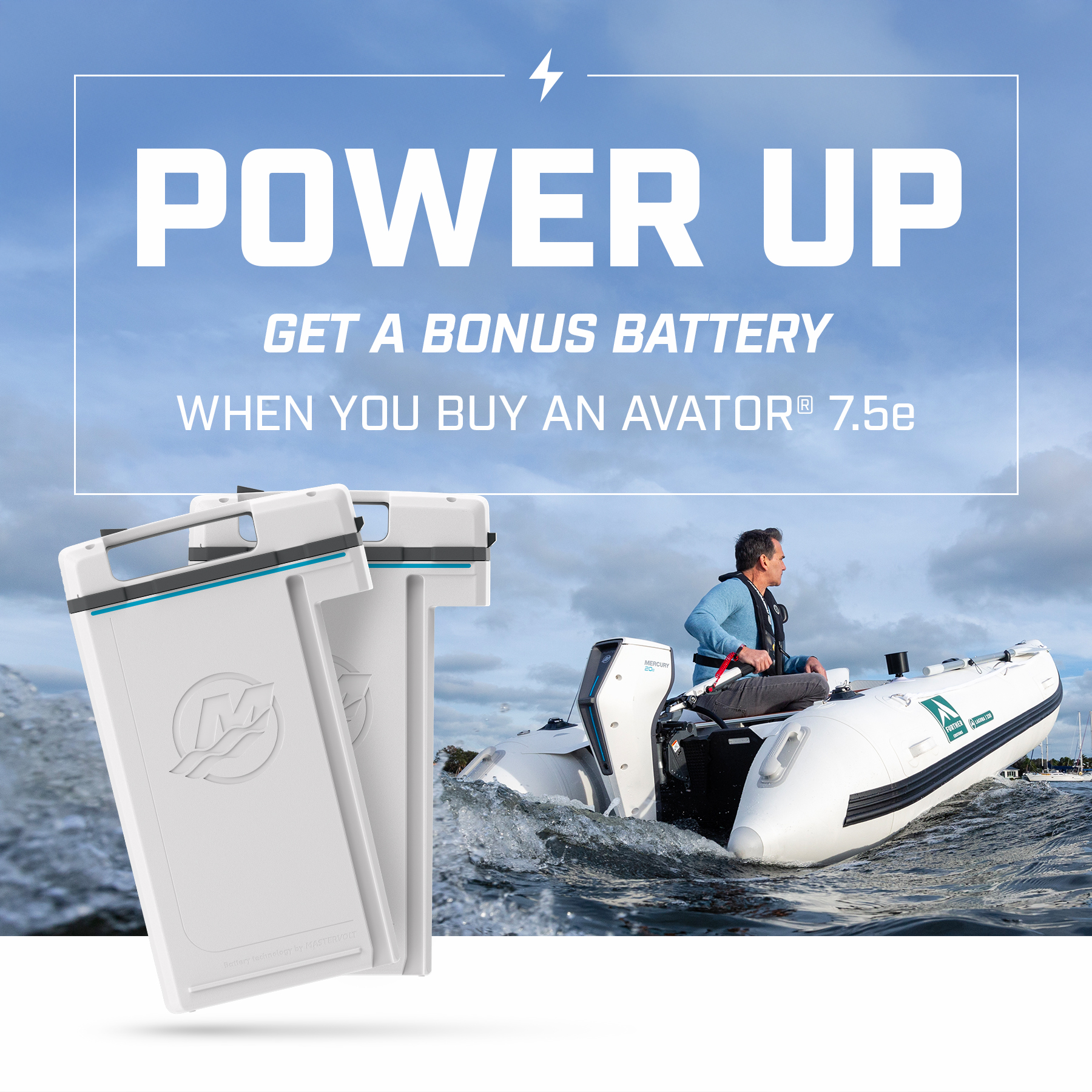 Power Up with a Bonus Battery! Get a free battery when you purchase an Avator 7.5e electric outboard motor. A man enjoys a smooth ride on an inflatable boat powered by the Avator 7.5e.