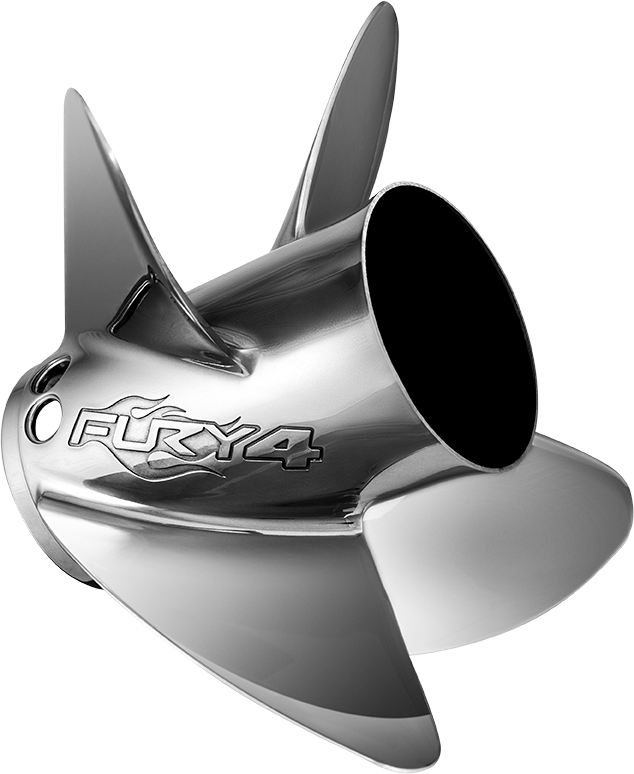 A close-up view of a Fury 4 propeller, highlighting its four blades and polished stainless steel finish.