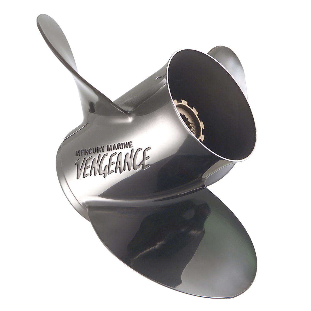 A Mercury Marine Vengeance propeller, gleaming silver, stands out against a black background.