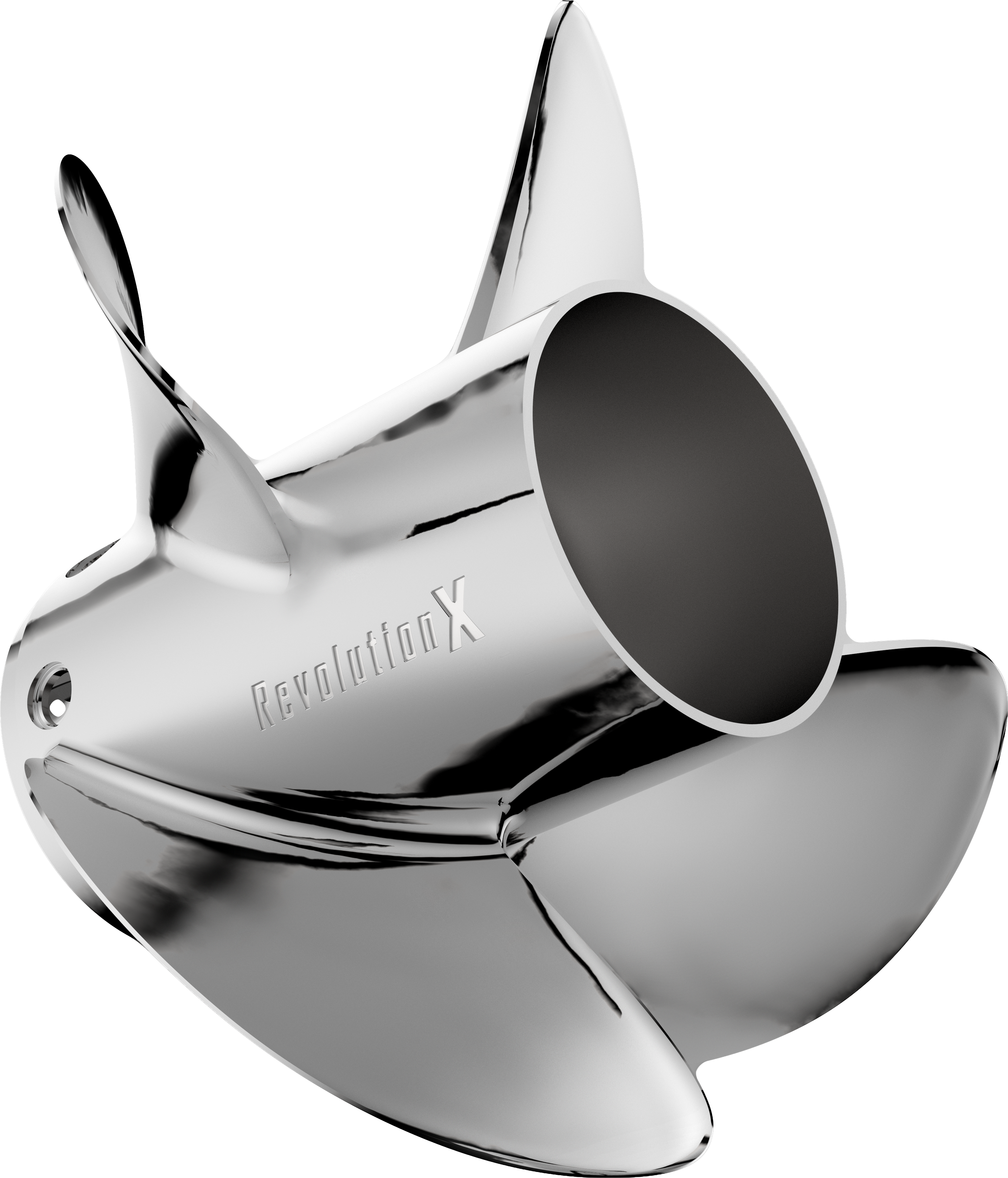The RevolutionX propeller, a high-performance marine component, shown against a black background.