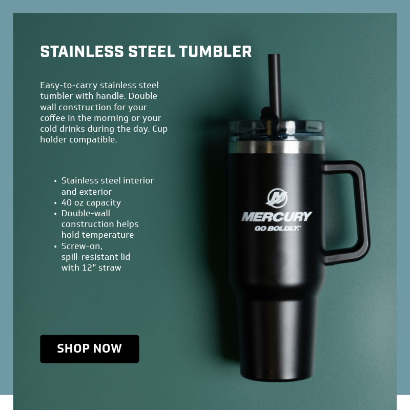 A black stainless steel tumbler with a handle and straw, featuring the Mercury Marine logo.