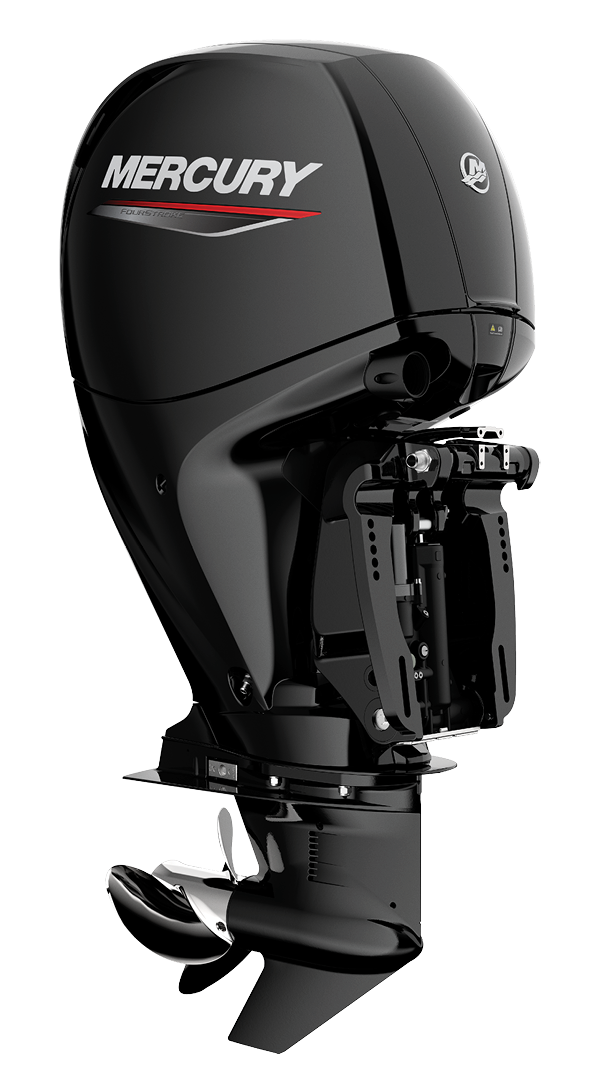 A sleek, black Mercury four-stroke outboard motor.