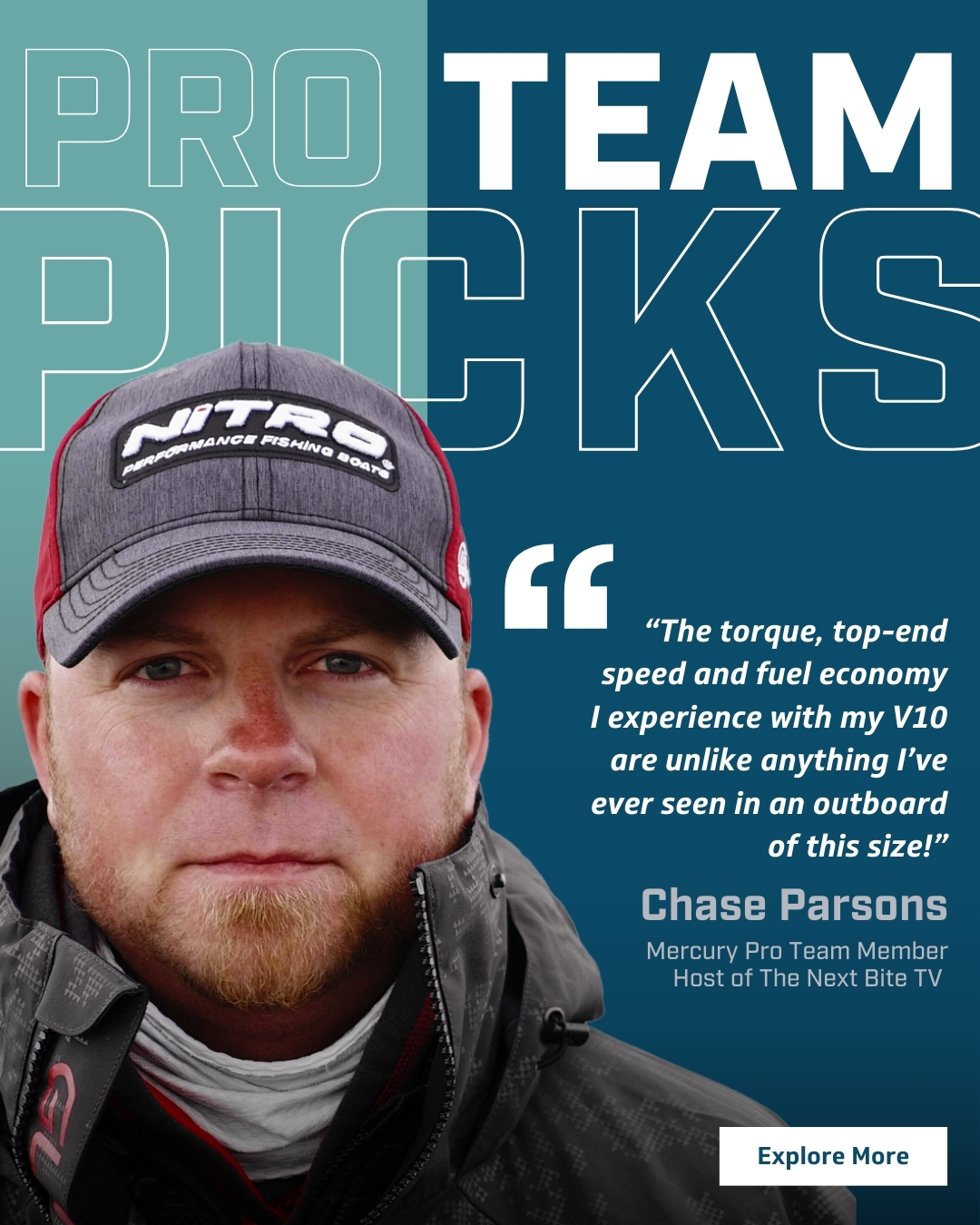 Chase Parsons, Mercury Pro Team Member and Host of The Next Bite TV, praises the torque, speed, and fuel economy of his V10 outboard motor.