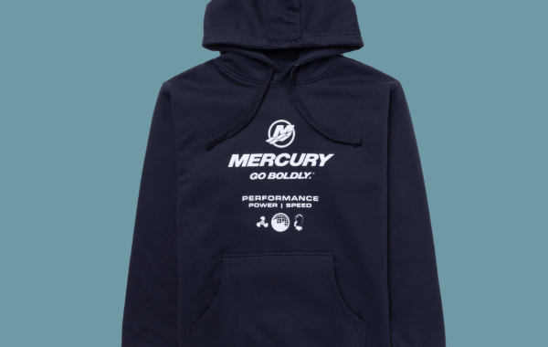 Navy blue Mercury hoodie with white logo and 'Go Boldly' slogan.