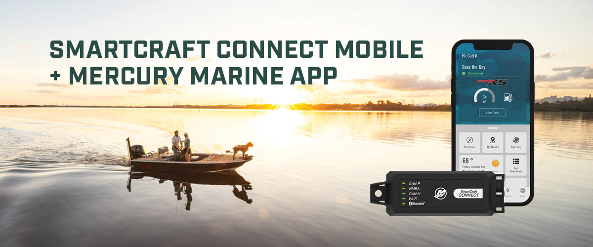 Two people and a dog on a SmartCraft boat at sunset, showcasing the SmartCraft Connect Mobile + Mercury Marine App integration with displays on a tablet and phone.