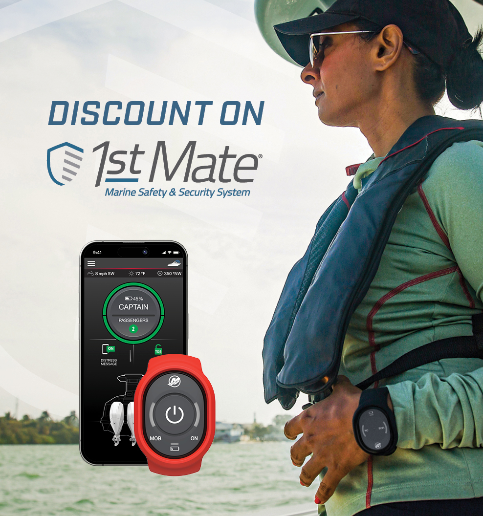 Boater wearing a life jacket and using the 1st Mate Marine Safety & Security System.