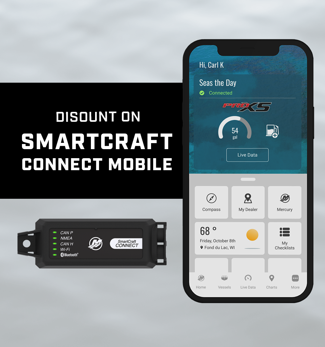 SmartCraft Connect Mobile device and app interface displaying vessel data.