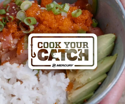 A vibrant poke bowl with rice, fish, roe, green onions, and avocado, featuring a "Cook Your Catch Mercury" logo.