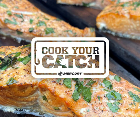 Grilled salmon fillets with a 'Cook Your Catch' overlay and Mercury logo.