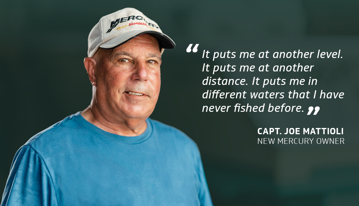 A man in a blue shirt and white hat next to a quote about being taken to another level in fishing.