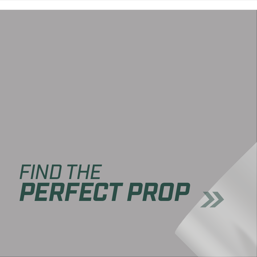 Text 'FIND THE PERFECT PROP' with an arrow icon on a grey background and a curled page effect.