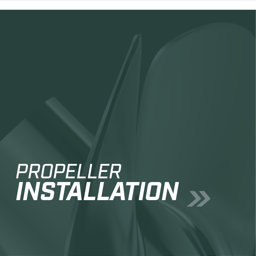 Text: "PROPELLER INSTALLATION" with a double arrow icon on a dark teal background with abstract, shiny shapes.