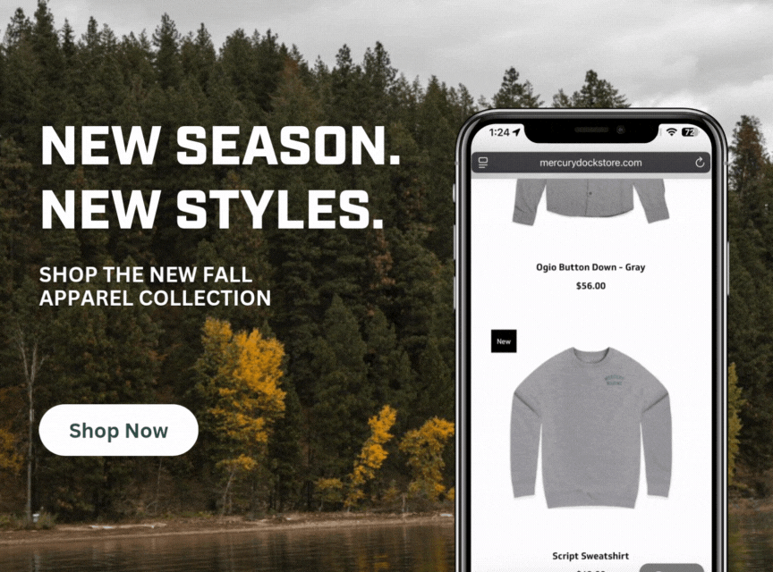 fall background with a phone scrolling photos of mens shifts, with new season, new styles