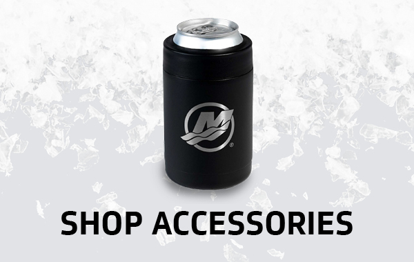 Black koozie with a silver Mercury logo holding a beverage can, against an icy background with text 'SHOP ACCESSORIES'.