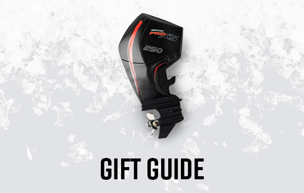Mercury ProXS 250 outboard motor shown above "GIFT GUIDE" text.