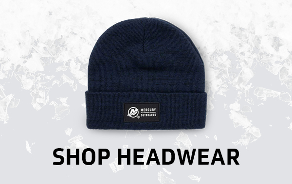 Dark blue beanie with a Mercury Outboards logo patch on a frosty background, with the text "SHOP HEADWEAR".