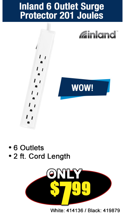 Inland 6 Outlet Surge Protector 201 Joules 