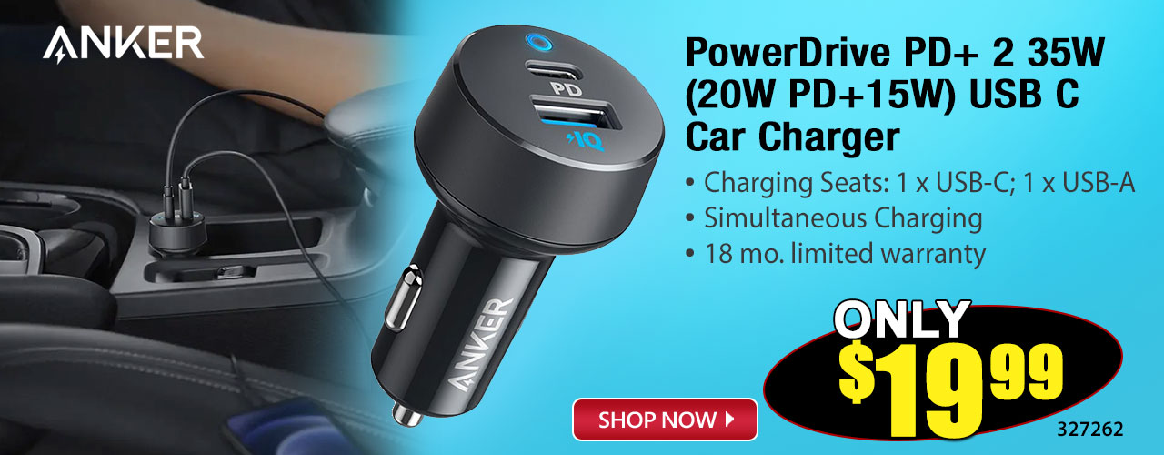 Anker PowerDrive PD+ 2 35W (20W PD + 15W) USB C Car Charger Shop Now