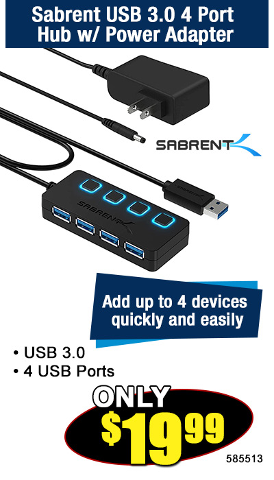 Sabrent USB 3.0 4 Port Hub w/ Power Adapter
