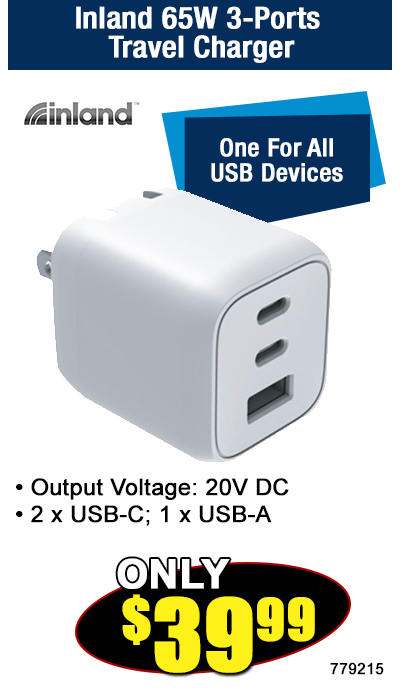 Inland 65W 3-Ports Travel Charger