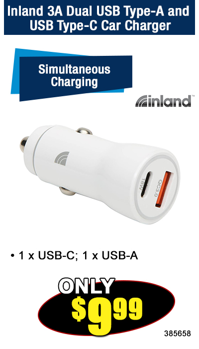 Inland 3A Dual USB Type-A and USB Type-C Car Charger