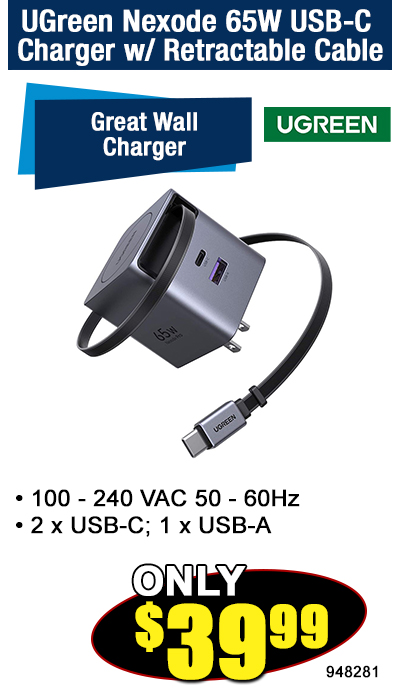 UGreen Nexode 65W USB-C Charger w/ Retractable Cable