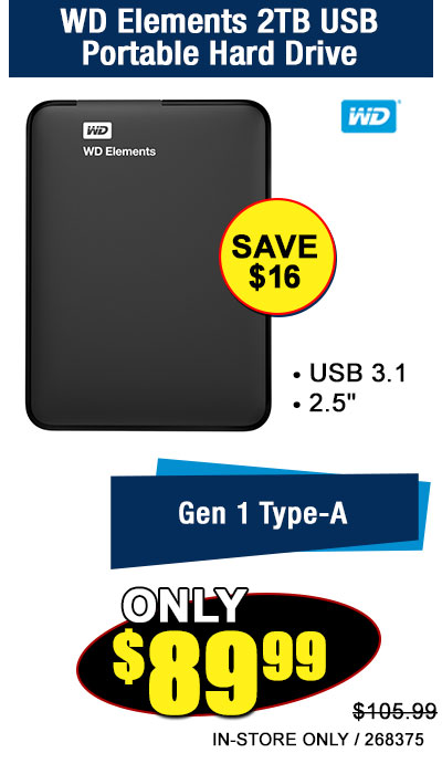 WD Elements 2TB USB Portable Hard Drive