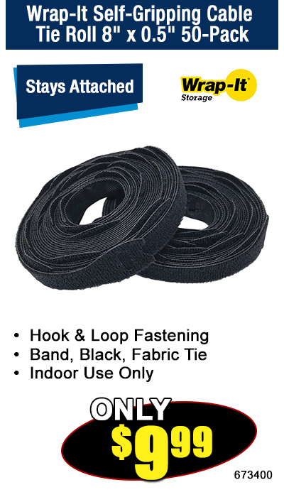 Wrap-It Self-Gripping Cable Tie Roll 8" x 0.5" 50-Pack