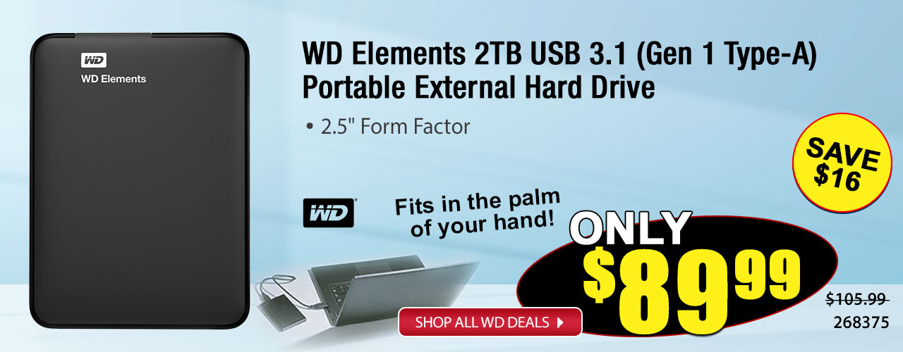 WD Elements 2TB USB 3.1 Gen 1 Type-A Portable External Hard Drive