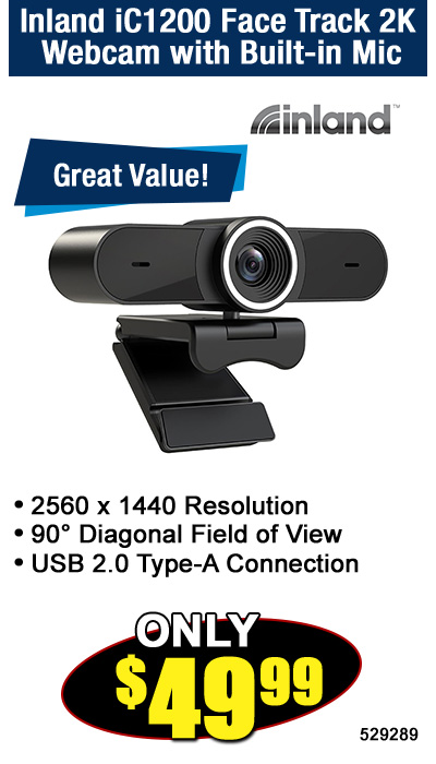 Inland iC1200 Face Track 2K Webcam with Built-in Mice