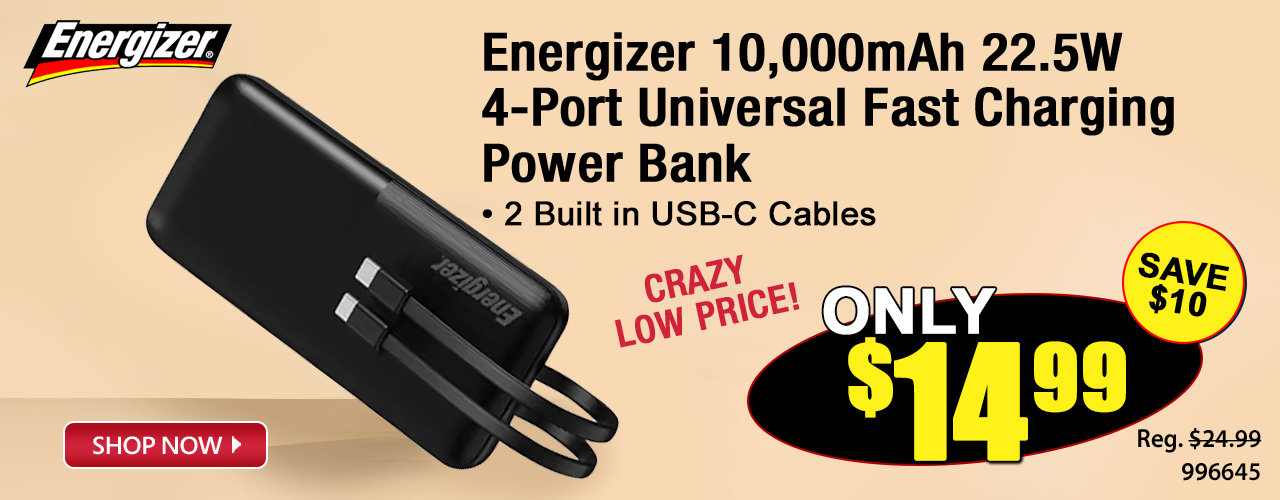 Energizer 10,000mAh 22.5W 4-Port Universal Fast Charging Power Bank; 2 Built in USB-C Cables - Shop Now