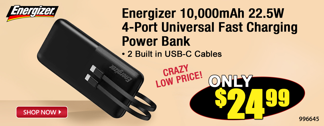 Energizer 10,000mAh 22.5W 4-Port Universal Fast Charging Power Bank; 2 Built in USB-C Cables - Shop Now