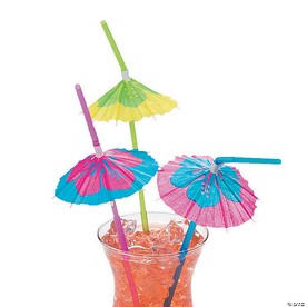 10" Bright Color Parasol Straws with Large Hibiscus Flowers – 12 Pc.