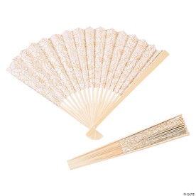 10" Vintage Lace Design White & Gold Folding Paper Hand Fans - 12 Pc.