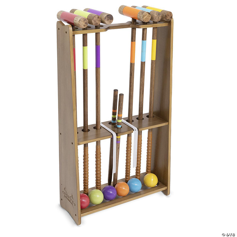 Gosports premium wood stained six player croquet set with handcrafted wooden stand