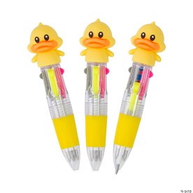 3 1/2" Mini Yellow Duck Plastic 4-Color Shuttle Pens - 12 Pc.