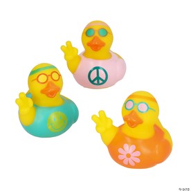2" Groovy Party Peace Sign, Smile Face & Flower Rubber Ducks Assortment - 12 Pc.