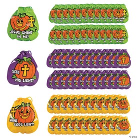 7" x 8 1/2" Bulk 72 Pc. Plastic Christian Pumpkin Drawstring Goody Bags