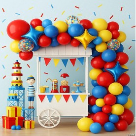 Carnival Fun Balloon Kit 117pcs red, blue & yellow balloons with confetti & stars for festive vibes