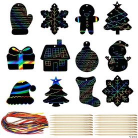 Wrapables 36pc DIY Rainbow Color Scratch Arts Ornaments, Christmas