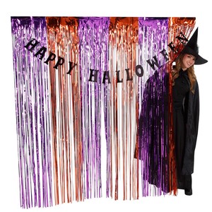 6 Ft. Happy Halloween Purple & Orange Metallic Fringe Backdrop with Black Garland - 2 Pc.
