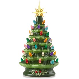 Casafield 12" Pre-Lit Green Ceramic Tree Hand-Painted Tabletop with Lights