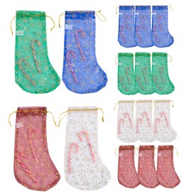 5 1/2" x 11" Large Snowflake Christmas Stocking Organza Drawstring Treat Bags - 12 Pc.